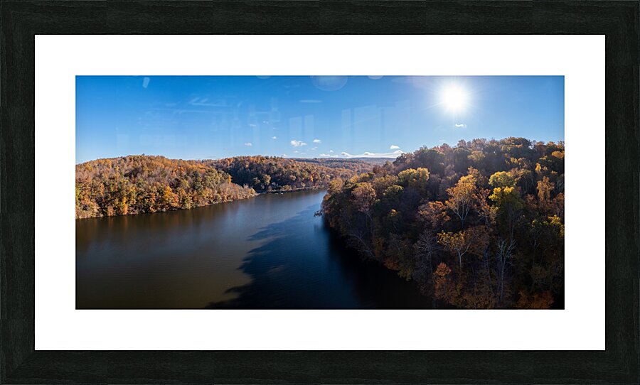 Panoramic fall trees around the water at Cheat Lake Park Morgan Picture Frame print