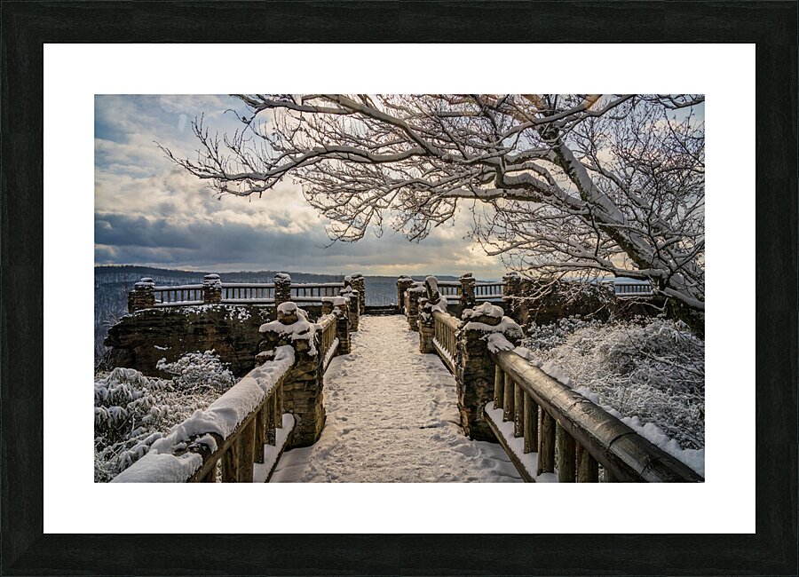 Coopers Rock overlook on snow-covered pathway in WV Picture Frame print