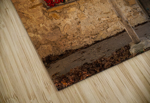Rustic San Juan building with a barred window red flowers and a Steve Heap puzzle