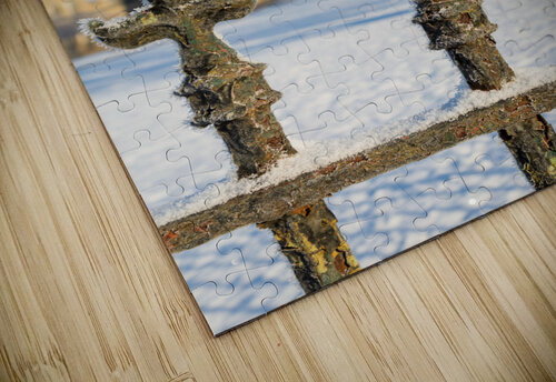 Railings in snow outside Weston Asylum Steve Heap puzzle