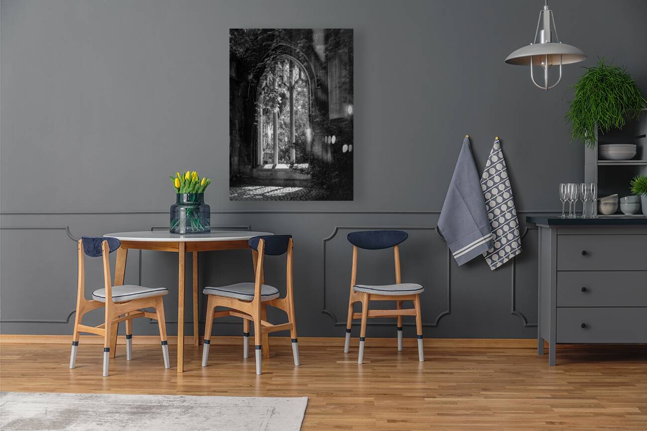 Creeping plants over the empty windows of St Dunstan church Reproduction