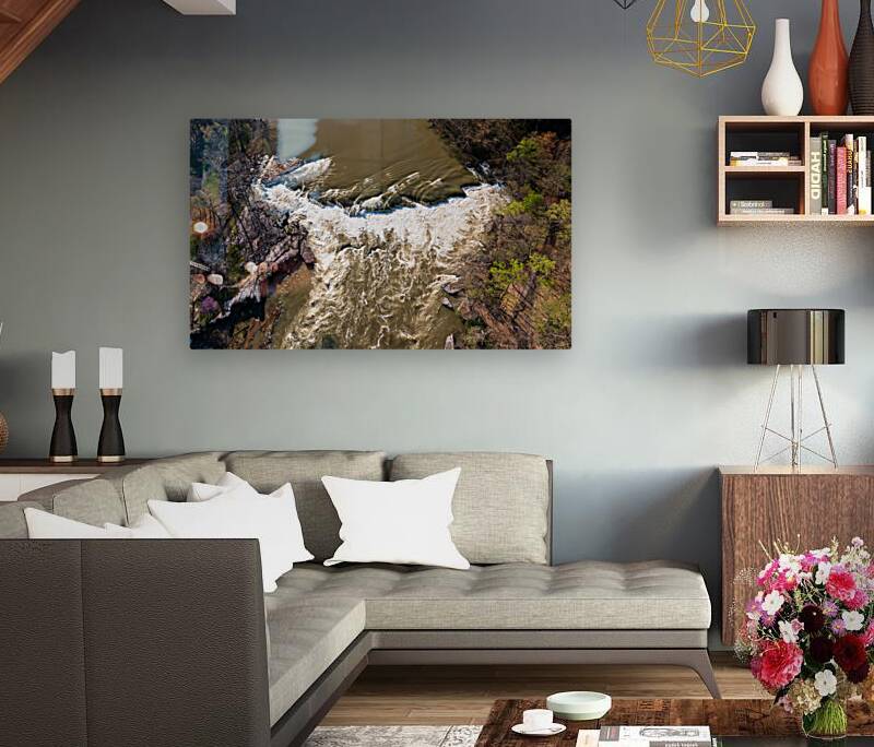 Top down over flooded Valley Falls on a bright spring morning Reproduction