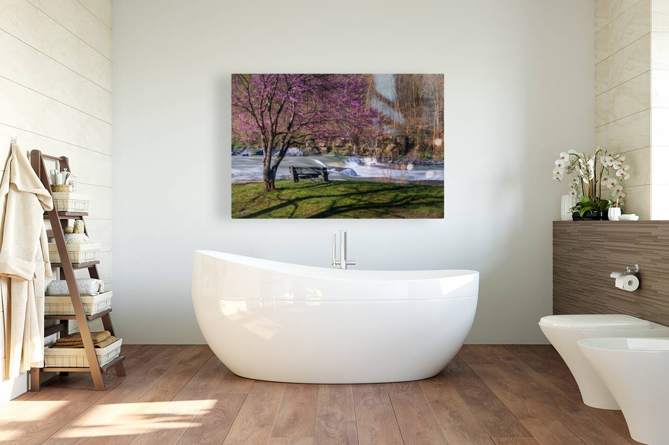 Wooden bench view of Valley Falls on spring morning Reproduction