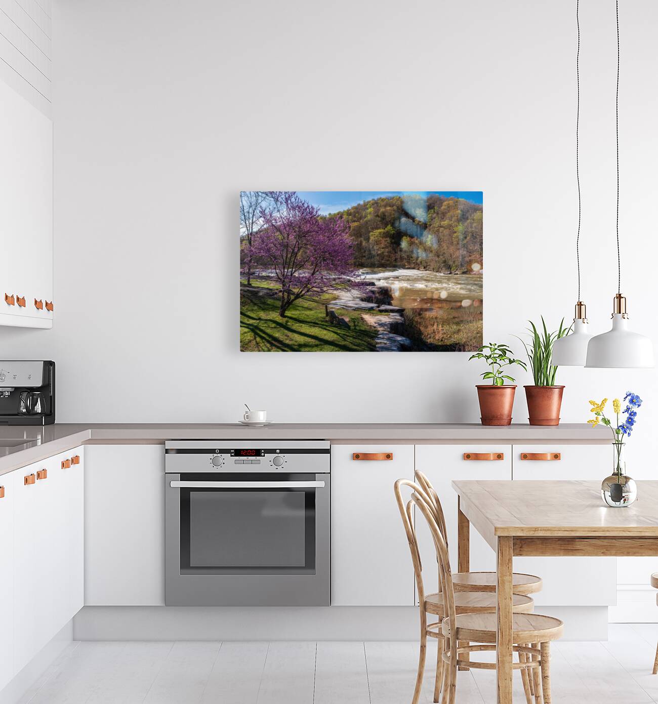 Bench view of Valley Falls on a bright spring morning Reproduction