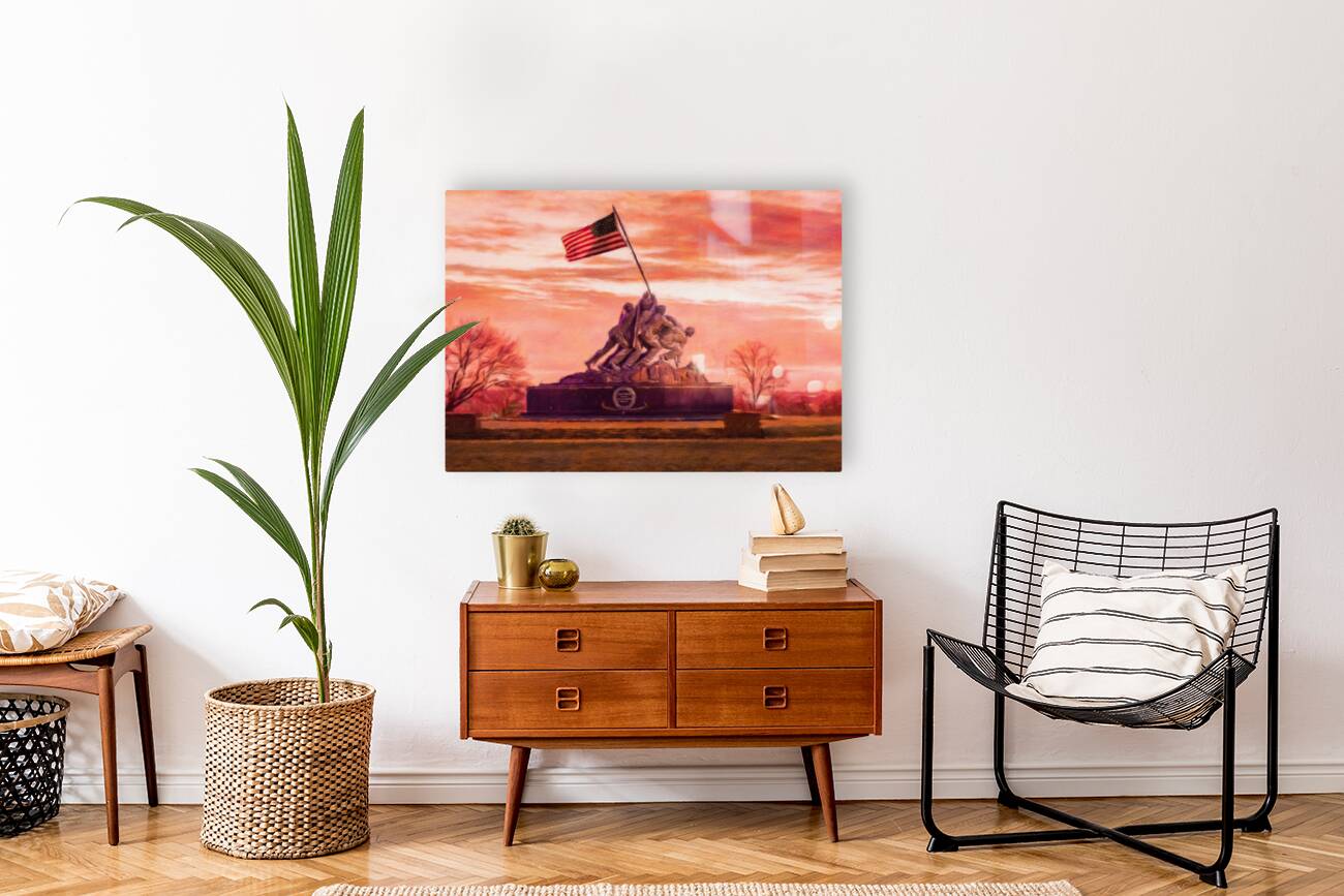 Digital painting of Iwo Jima Memorial at dawn as sun rises Reproduction