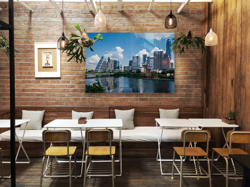 Cityscape of offices in Austin Texas across Lady Bird Lake Reproduction