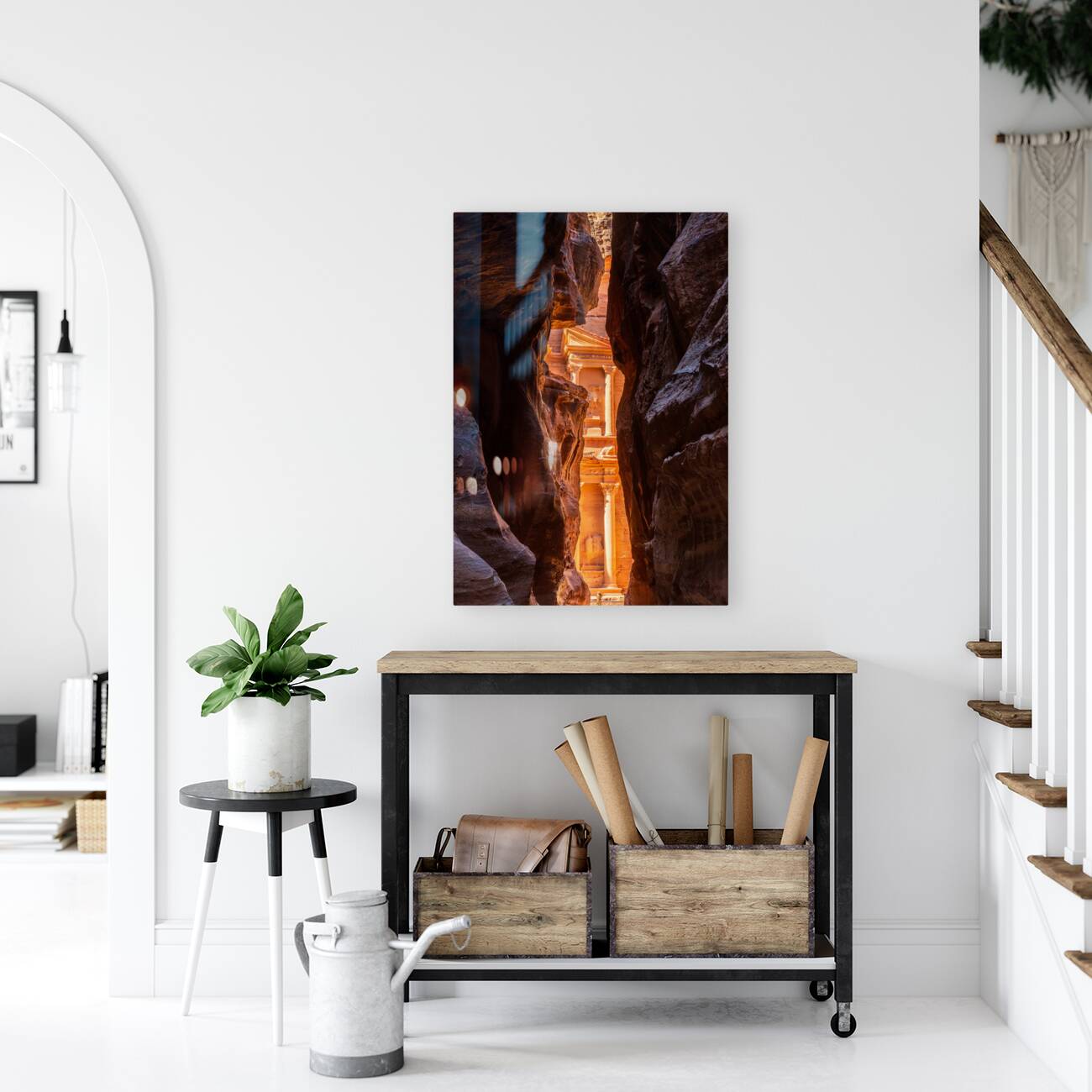 Petra Treasury building facade seen through narrow gorge Reproduction