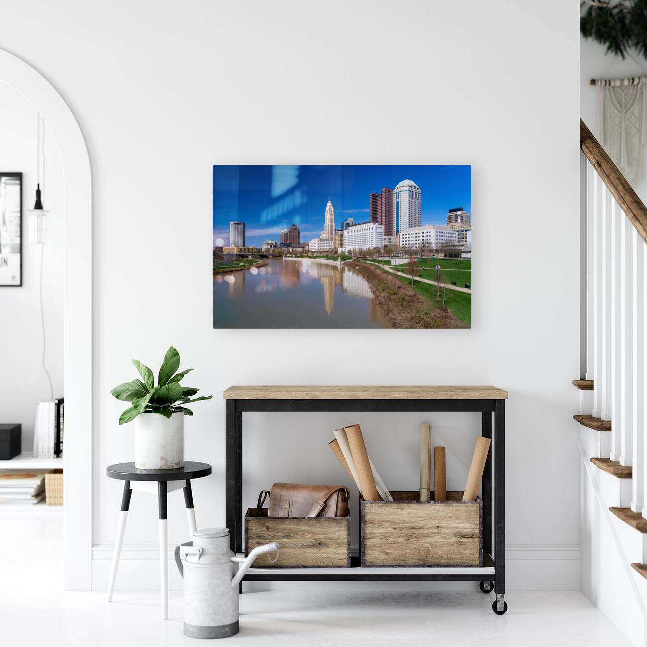 Columbus Ohio waterfront skyline after flood on river scioto Reproduction
