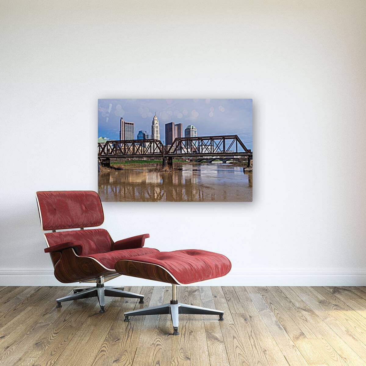 Columbus Ohio waterfront skyline behind railroad truss bridge Reproduction