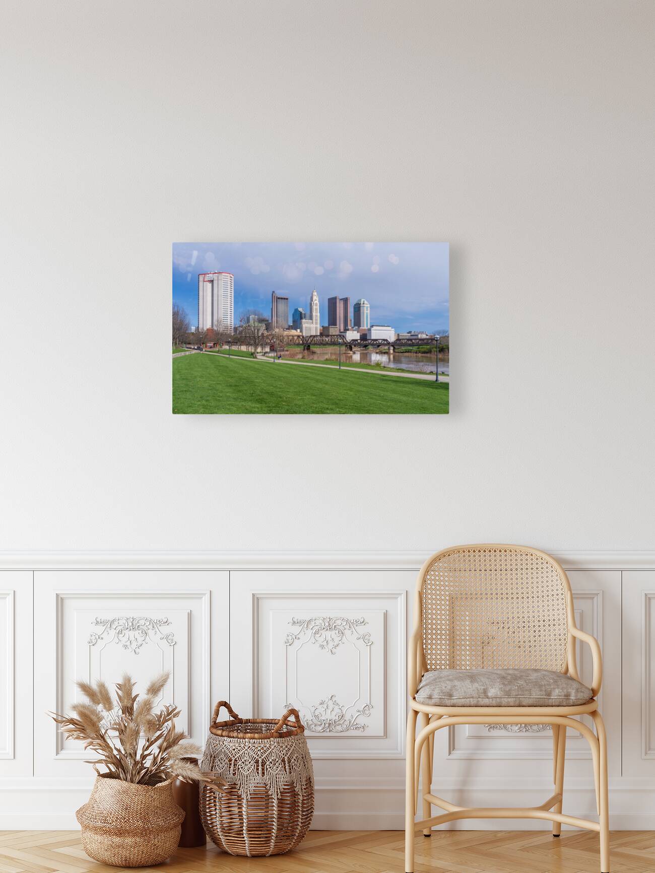 Columbus Ohio waterfront skyline behind railroad truss bridge Reproduction