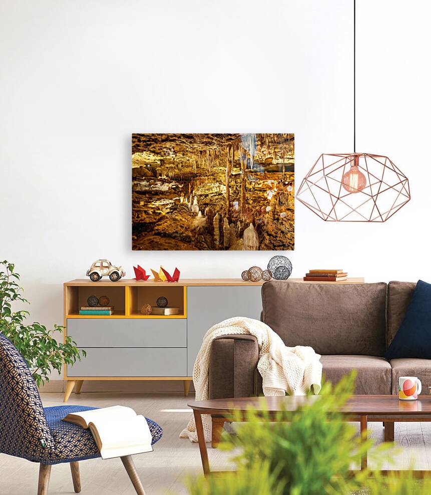 Geologic formations of stalactites and stalagmites in Texas cave Reproduction