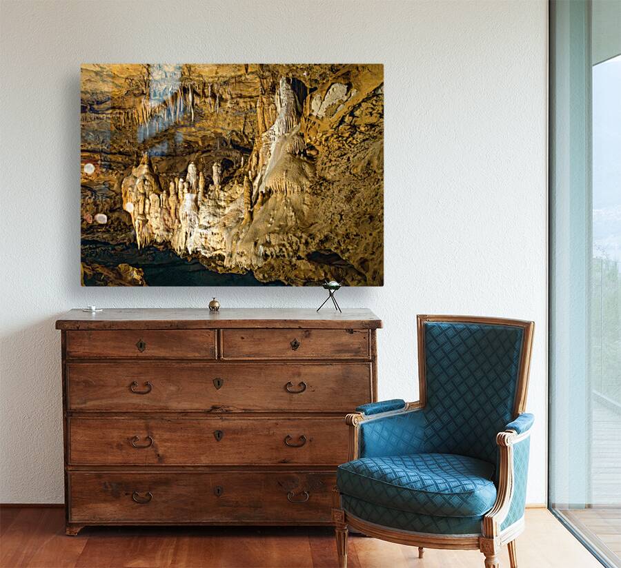 Geologic formations of stalactites and stalagmites in Texas cave Reproduction