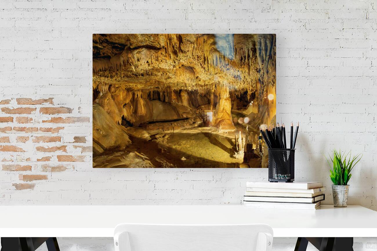 Geologic formations of stalactites and stalagmites in Texas cave Reproduction