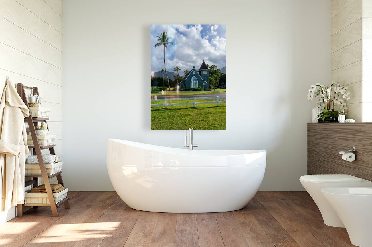 Waioli Huiia Church stands in Hanalei Kauai with the majestic  Reproduction