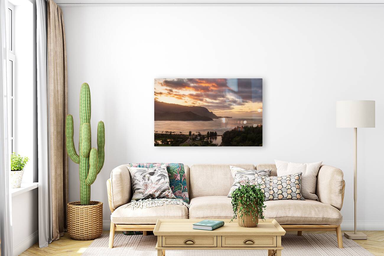 Breathtaking aerial view of sunset over Hanalei Bay landscape in Reproduction