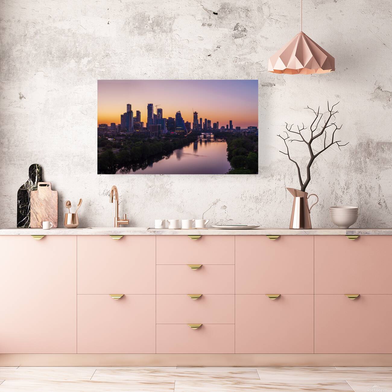 Orange skies behind skyline of Austin Texas as sun starts to ris Reproduction