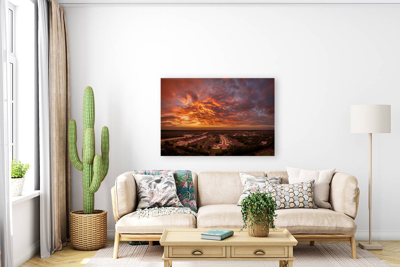 Dramatic sunset seen from drone over Georgetown Texas residentia Reproduction