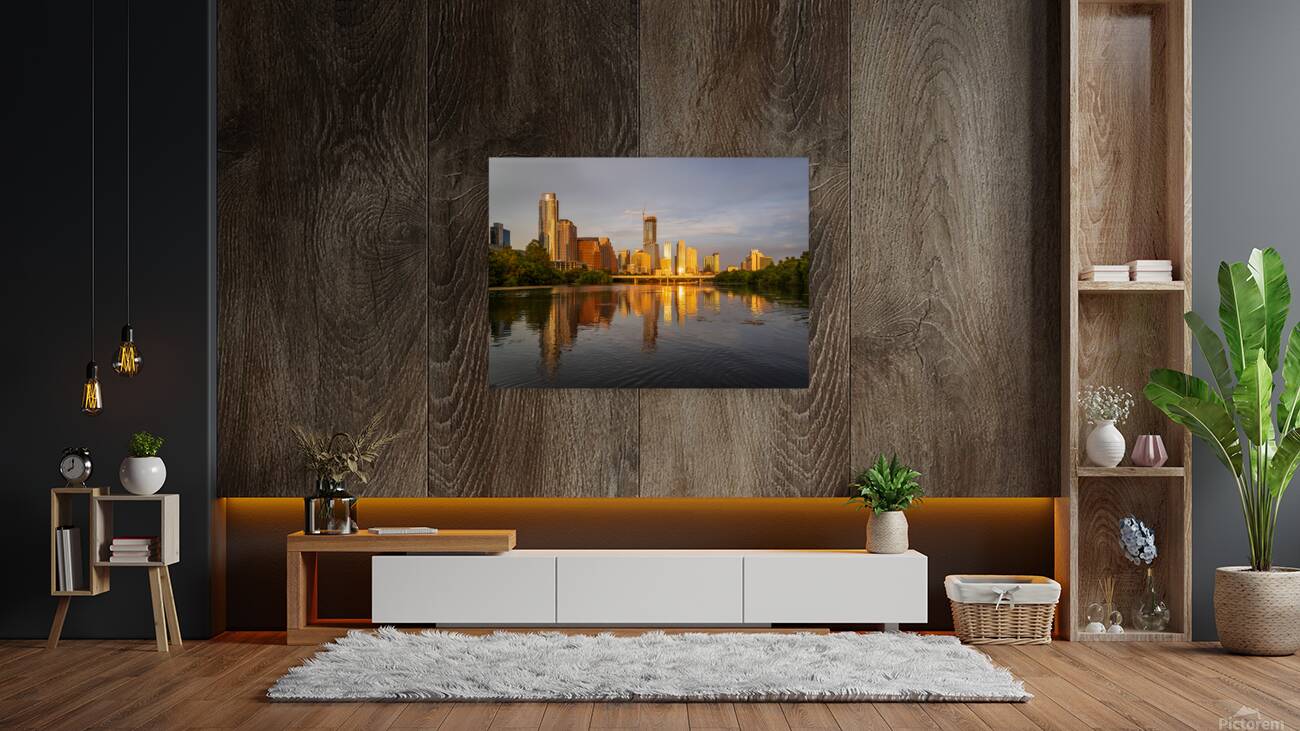Waterline dominates city skyline of Austin Texas at sunset in 20 Reproduction