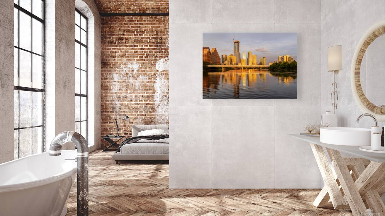 Waterline dominates city skyline of Austin Texas at sunset in 20 Reproduction