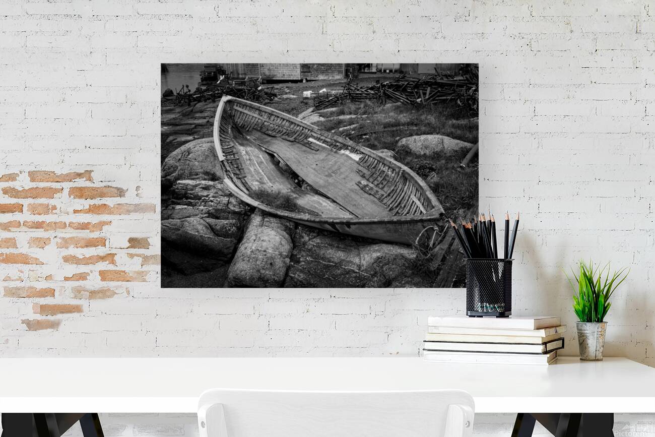 Monochrome abandoned rowing boat in Peggys Cove Reproduction