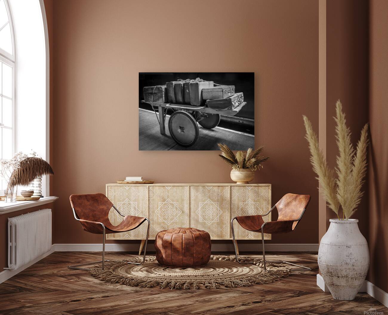 Historic antique luggage cart with retro leather suitcases and t Reproduction