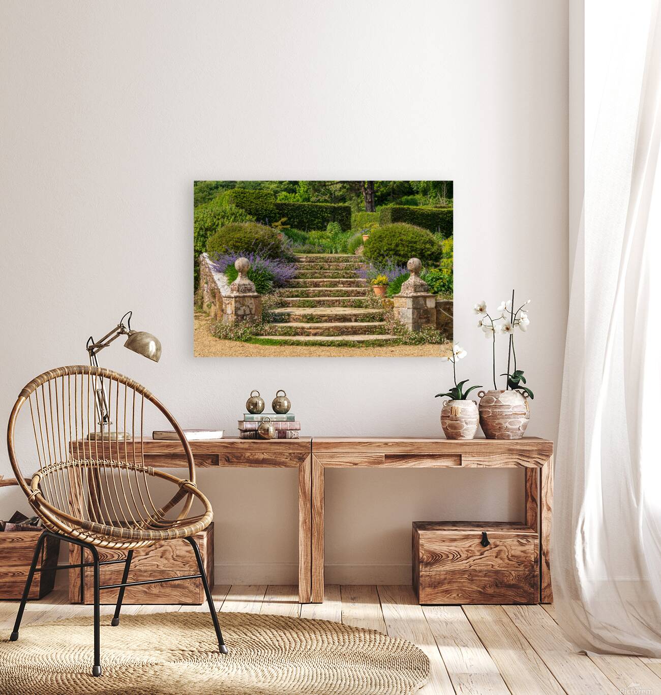 Stone steps into a hedged flower garden on the Isle of Wight Reproduction