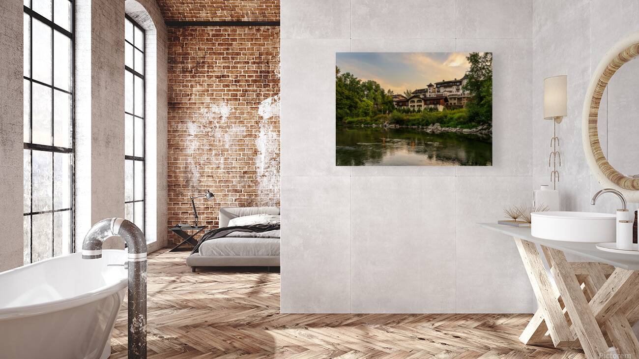 Hotel at dawn by River Wenatchee in Alpine German town of Leaven Reproduction