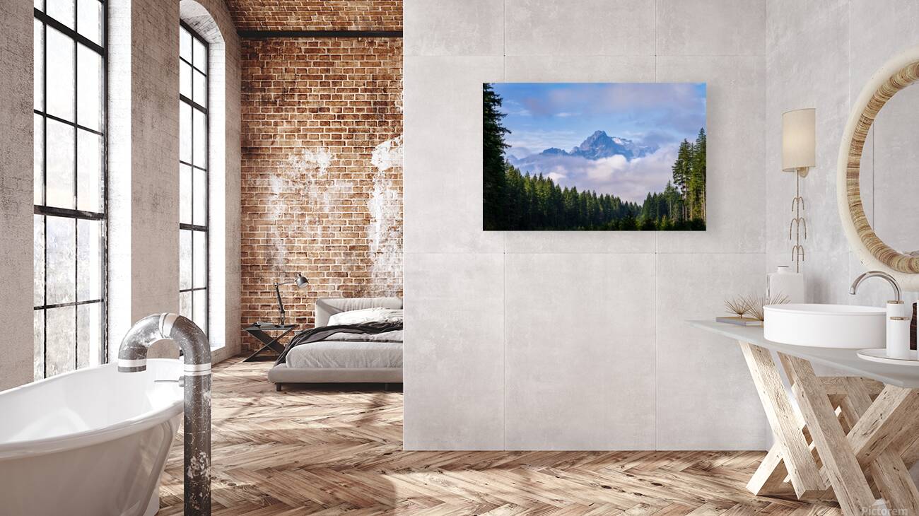 Whitehorse Mountain seen through rolling clouds and mist from Ro Reproduction