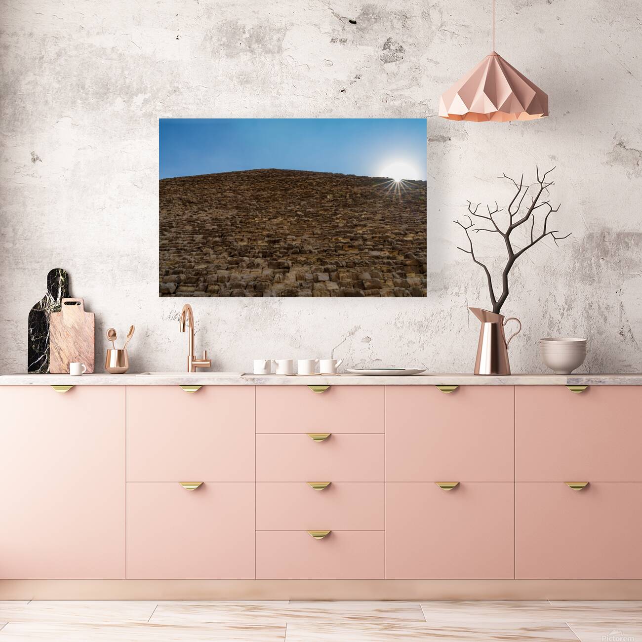 Great Pyramid of Giza with the sun flaring over the top edge Reproduction