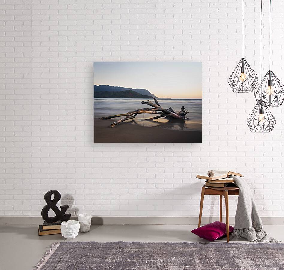 Whisper of the Tide driftwood on Hanalei bay beach at sunrise Reproduction