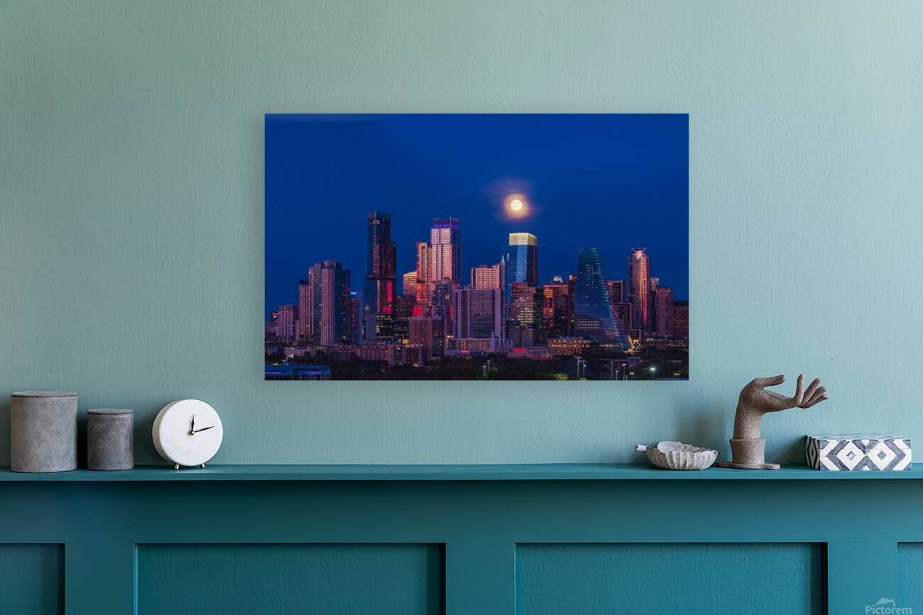 Harvest moon in the Austin skyline at sunset in Texas Reproduction