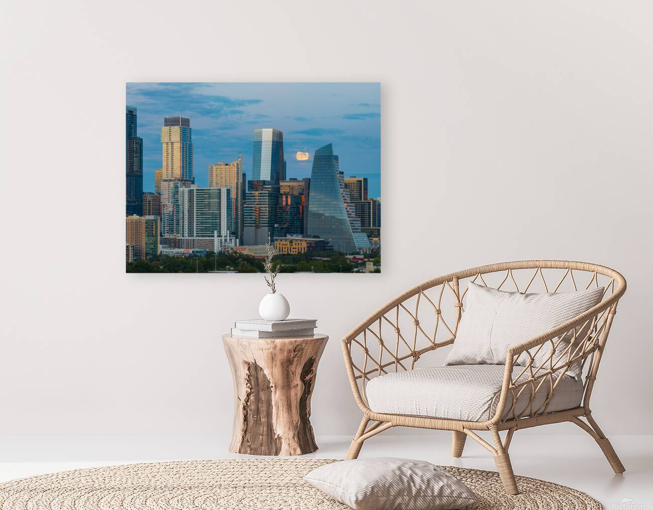 Harvest moon by Google building in Austin skyline Texas Reproduction