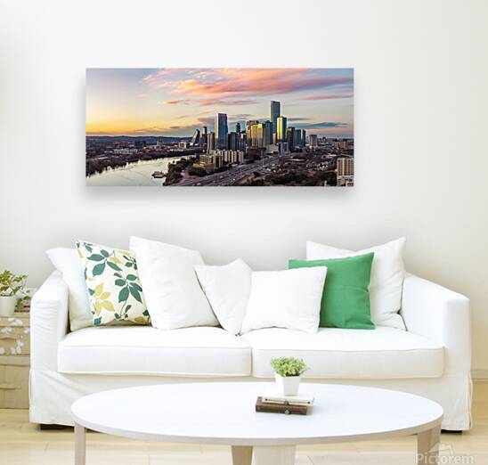 Wide panorama 2026 Austin skyline at sunset Reproduction