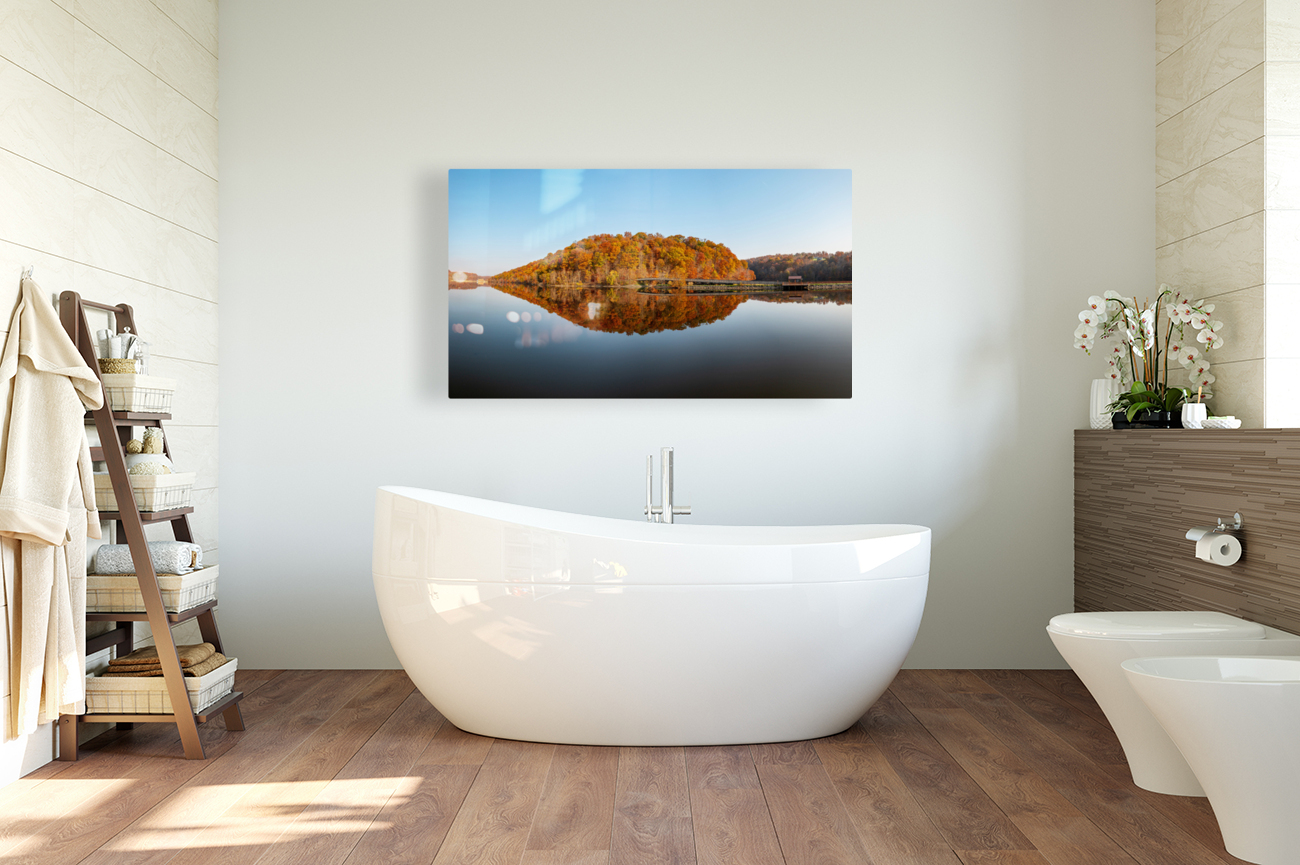 Perfect reflection of autumn leaves in Cheat Lake Reproduction