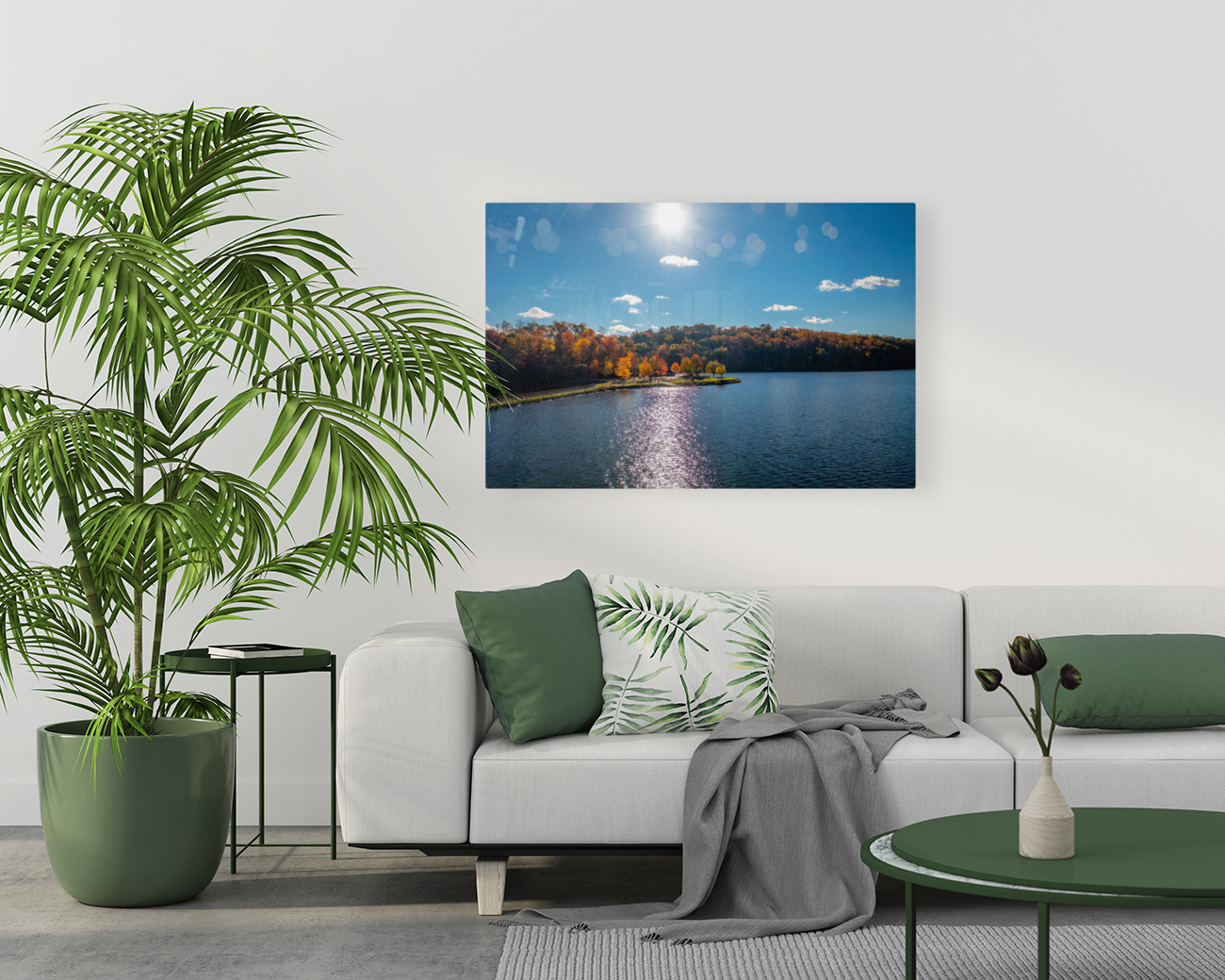 Sunburst above fall trees around the water at Cheat Lake Park Reproduction