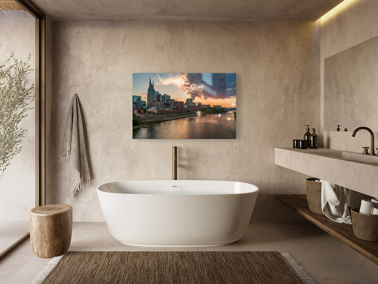 Skyline of Nashville in Tennessee during dramatic sunset over the river Reproduction