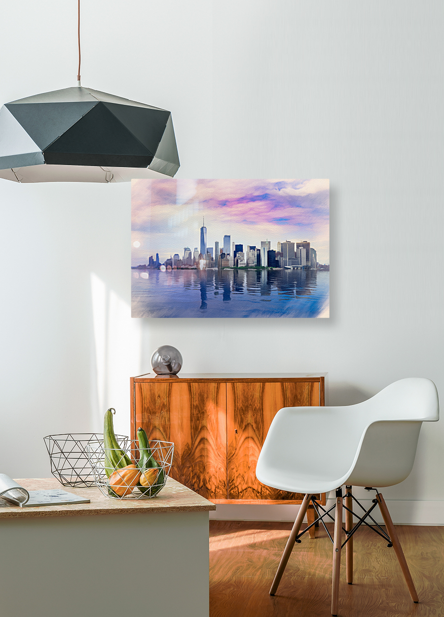 Pastel digital painting of panorama of Manhattan with calm water Reproduction