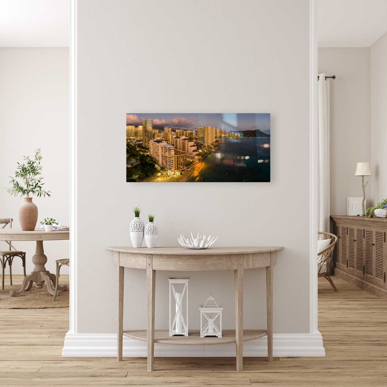 Aerial view of Waikiki beach towards Diamond Head at sunset  Reproduction