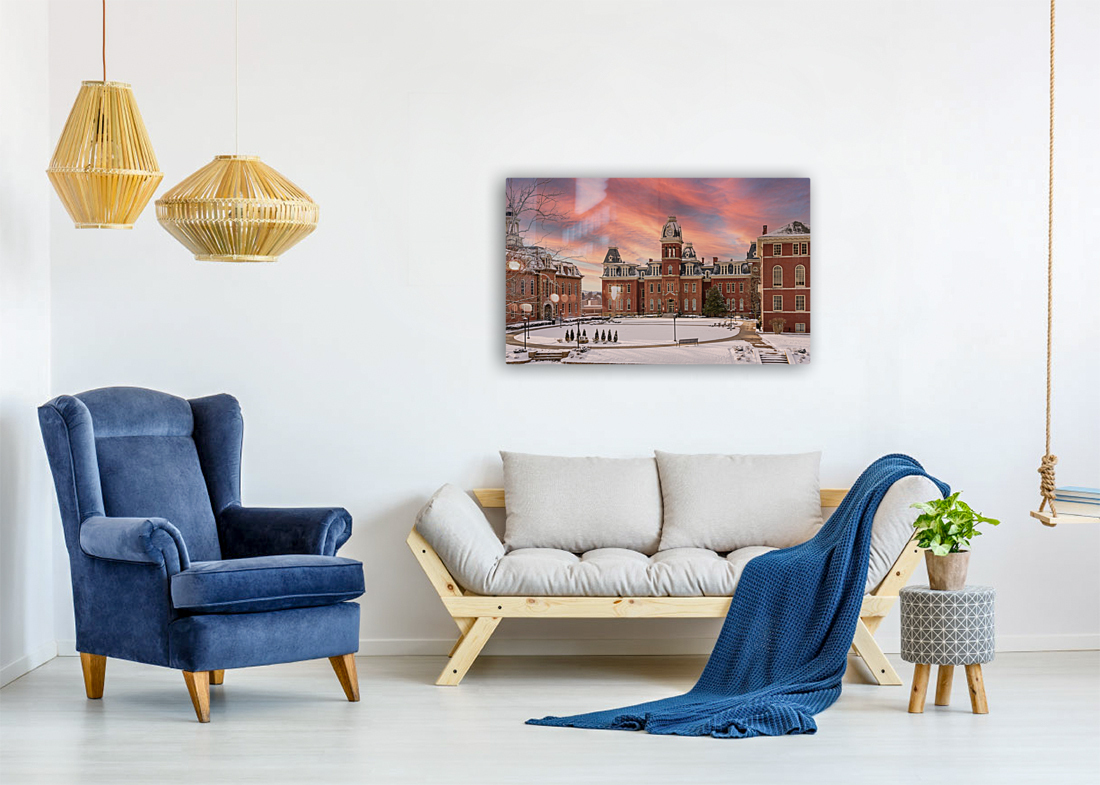 Sunset over snow covered Woodburn Hall at WVU Reproduction