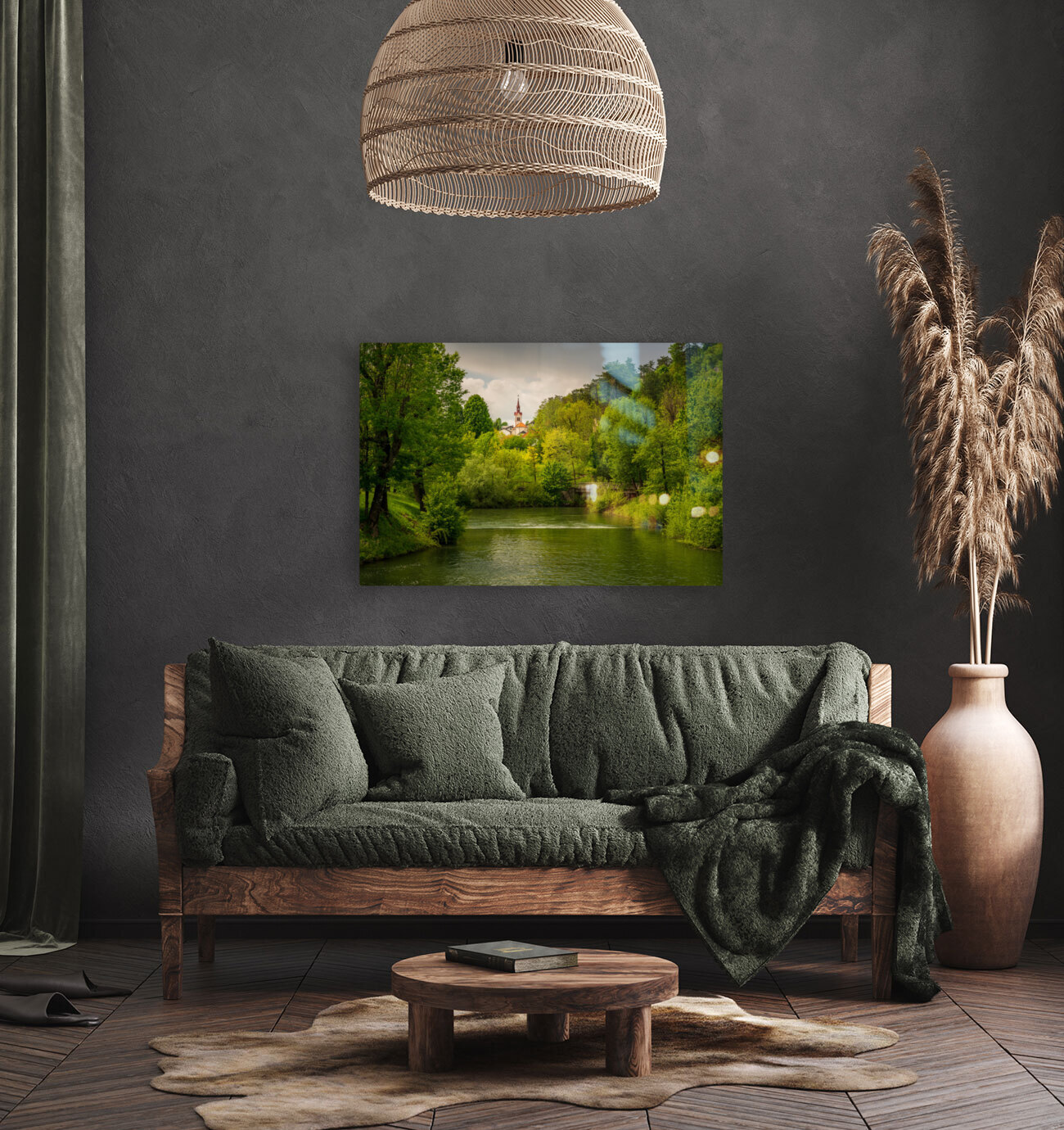 Church in the woods above peaceful river Reproduction