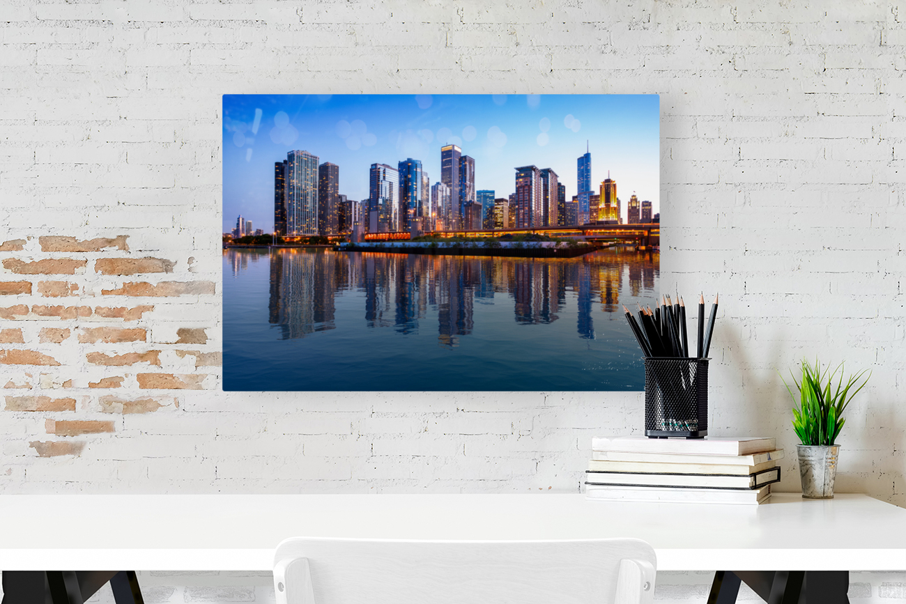 Calm water reflects Chicago Skyline at sunset from Navy Pier Reproduction