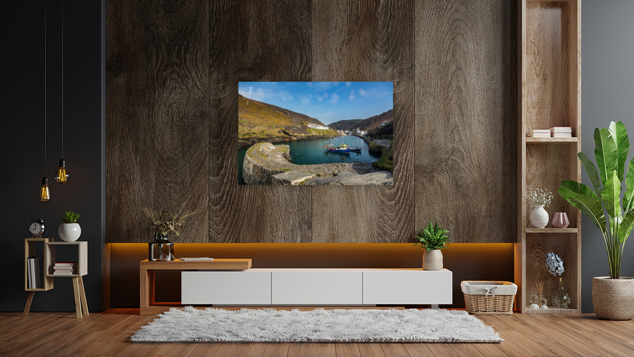 Fishing boats in harbor of Boscastle Cornwall Reproduction