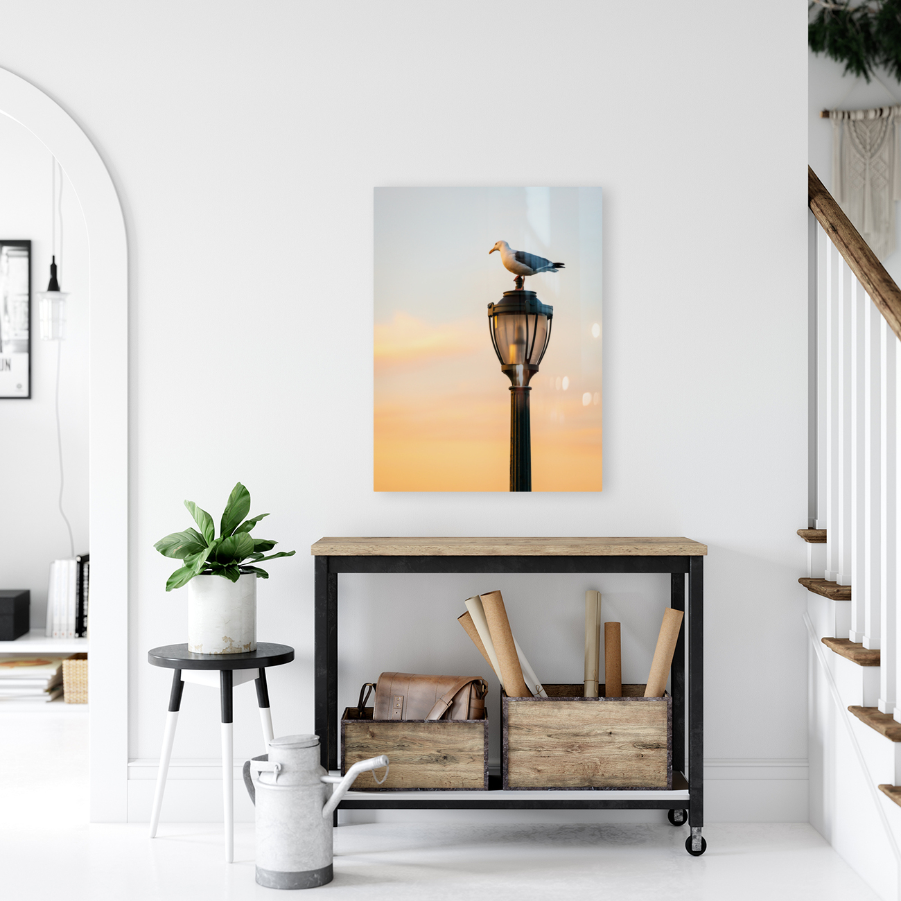 Seagull on a cast iron street lamp at dusk Reproduction