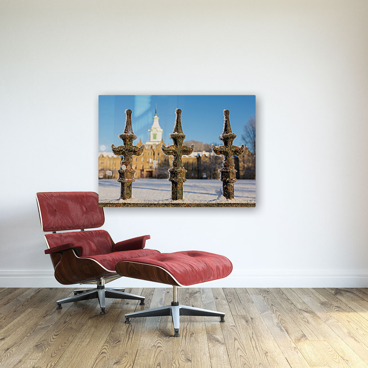 Railings in snow outside Lunatic Asylum Reproduction