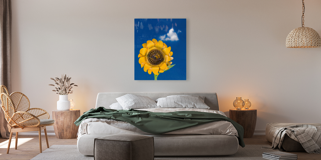 Metal sunflower against blue sky Reproduction