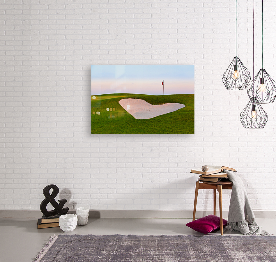 Heart shaped sand bunker in front of golf green Reproduction