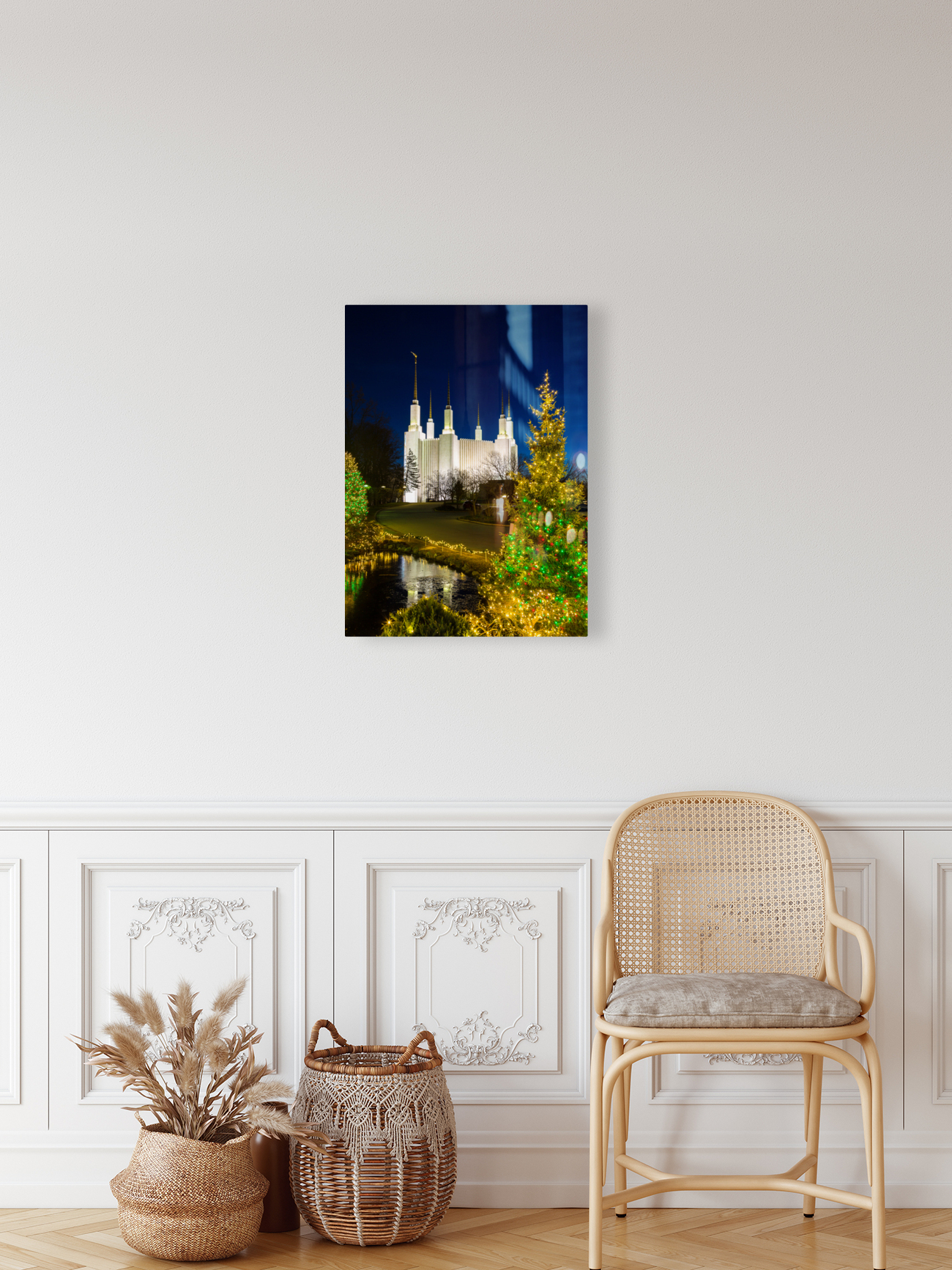 Mormon temple in Washington DC with xmas lights Reproduction