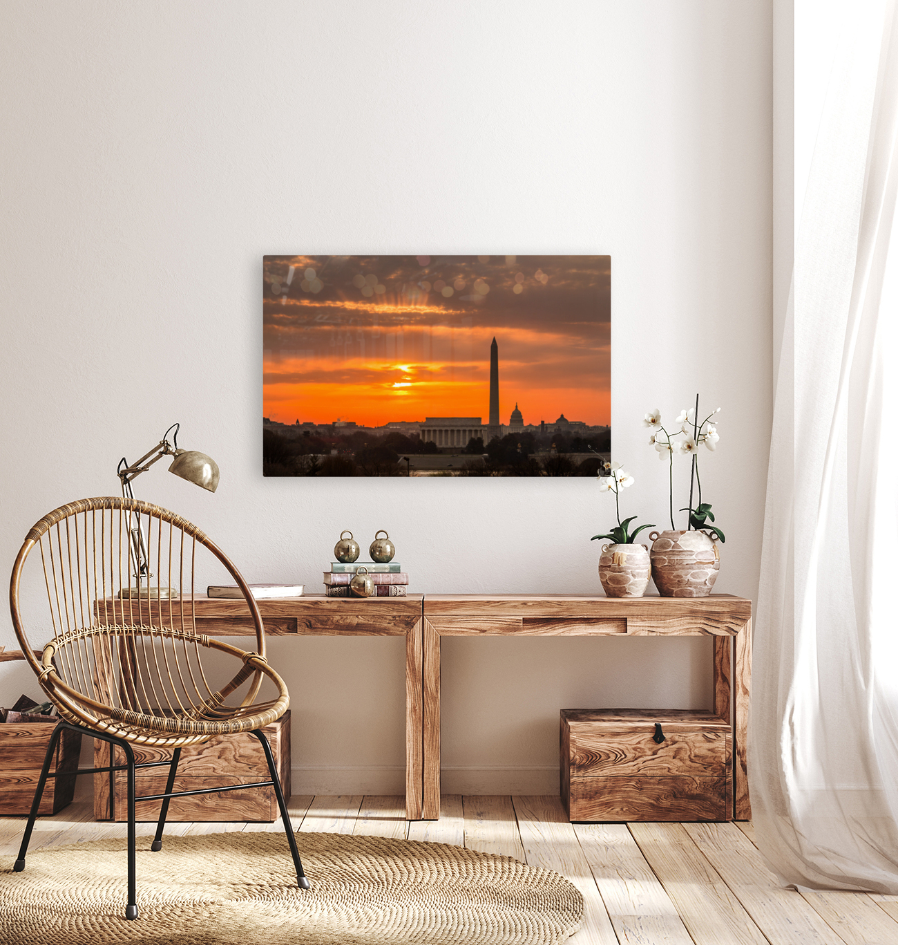 Fiery sunrise over monuments of Washington Reproduction