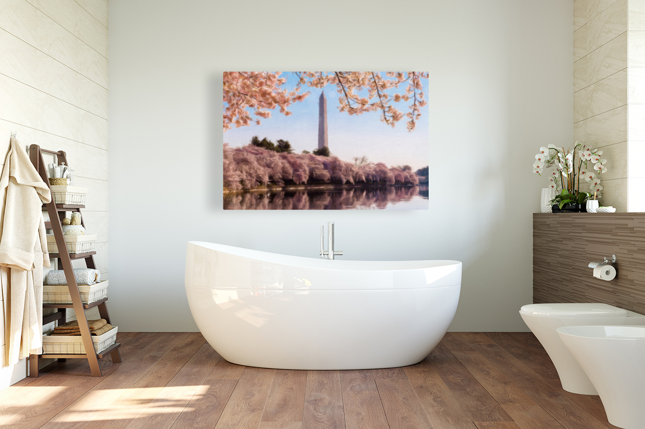 Digital art of the Washington Monument towering above blossoms Reproduction