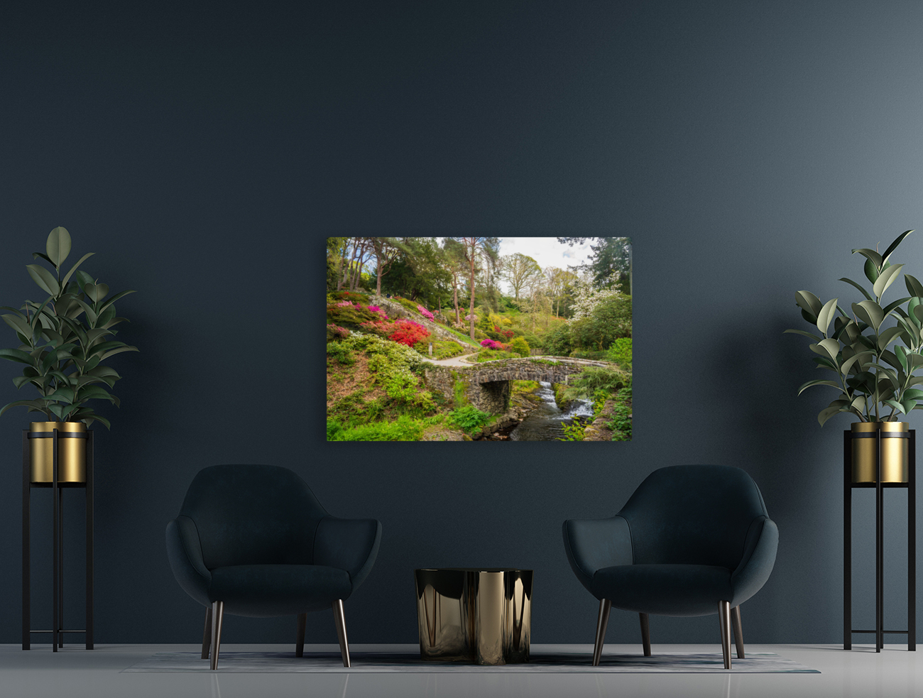 Stone bridge with Azaleas and Rhododendron trees Bodnant Reproduction